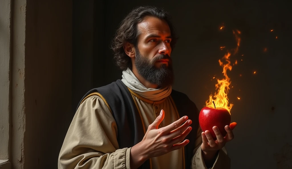 Portrait of Saint Augustine, as depicted in classical art. He is dressed in traditional priestly robes., with a contemplative and serene expression. In one hand, he holds an apple that is on fire, symbolizing reflection on sin and redemption. The background can be a simple and austere environment, like a study office or a church, with lighting that highlights the burning apple and the face of Saint Augustine, reflecting the spiritual depth of the moment