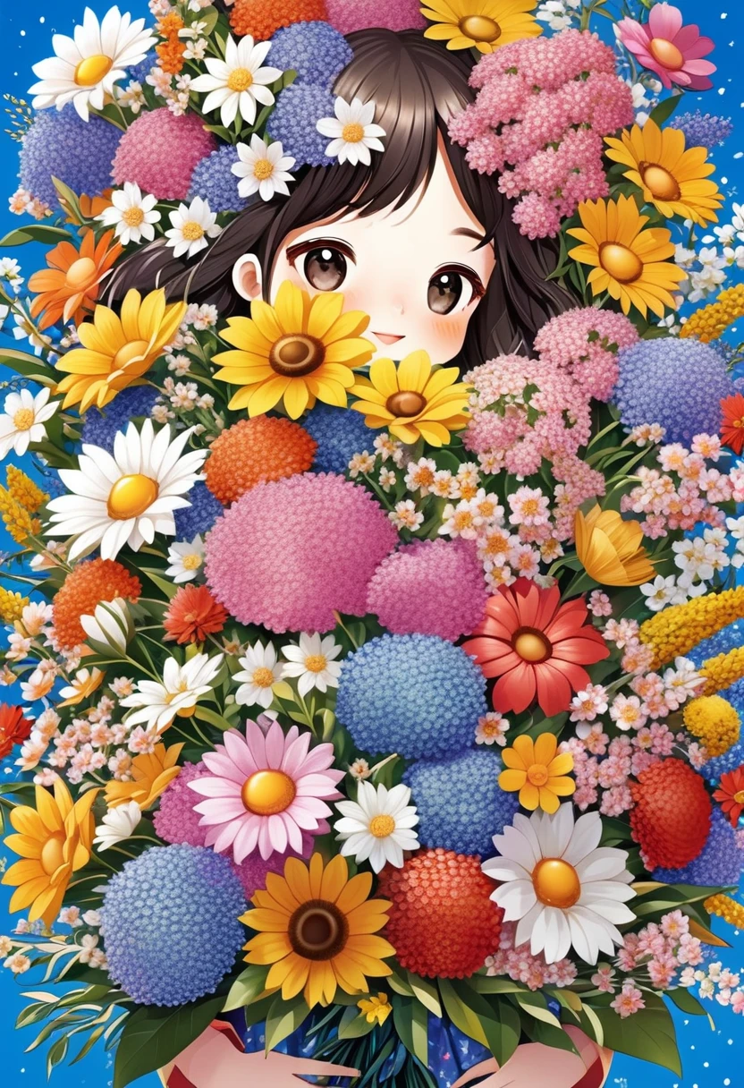 Close-up of a bouquet of flowers, Made of flowers少女, Girl in Flowers, Made of flowers, covered With flowers, With flowers, Carrying flowers, Full of flowers, Covered with flowers, Holding flowers, Lee Song, By Chiho Aoshima, By Niduan, Cute artwork, Jan Born, Send flowers to the heir'cheek