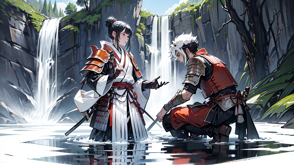create a male samurai standing at the edge of water fall holding his katan and samurai armor kneeling for a female goddess who have angle wings