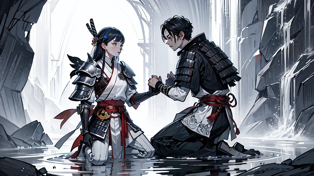 create a male samurai standing at the edge of water fall holding his katan and samurai armor kneeling for a female goddess who have angle wings