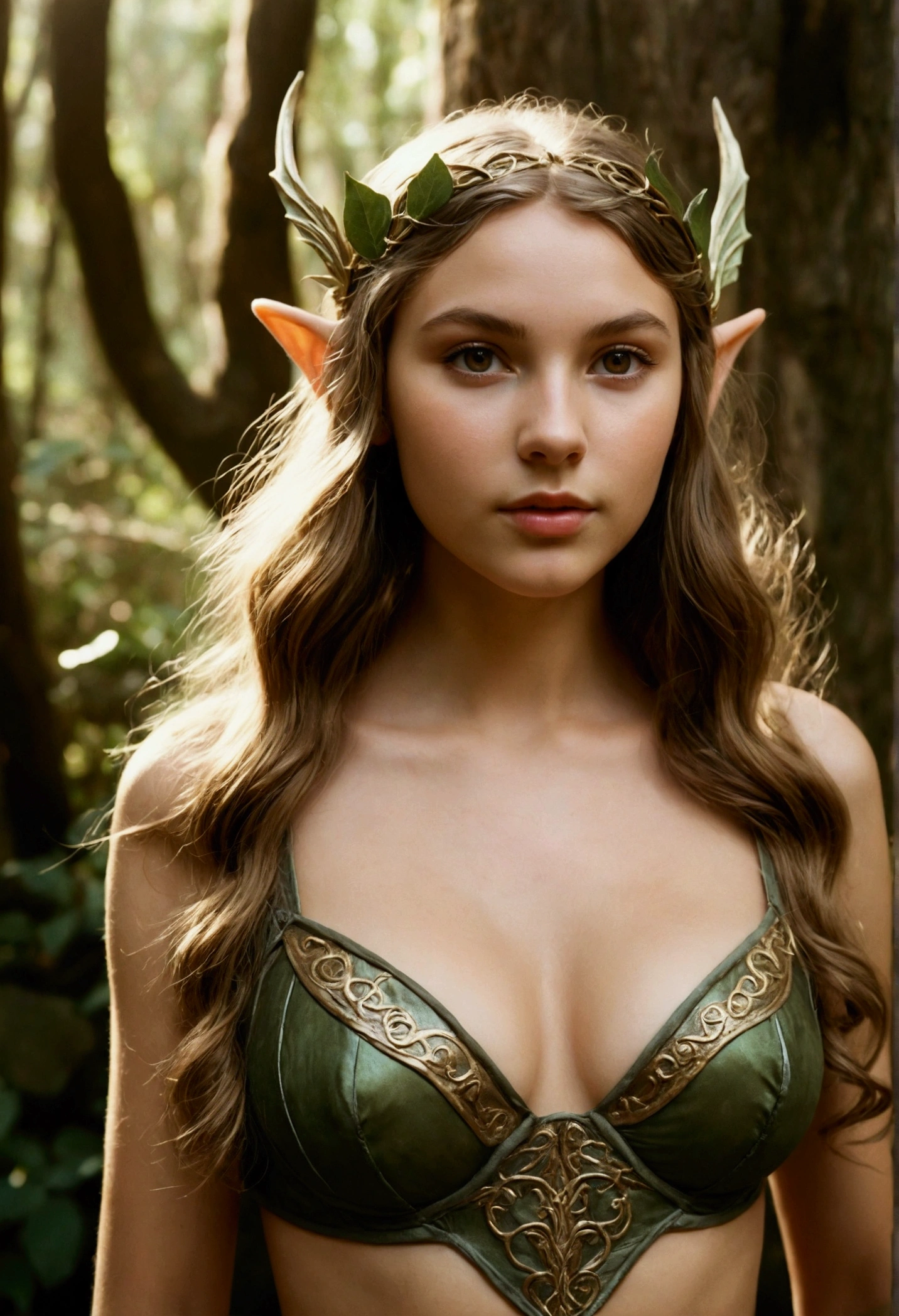 analog film photo, photo of a young elven girl, 18 years old, elf ears, honey eyes, dark hair, long messy waves, sun-tanned complexion, olive skintone, Amazonian stature, voluptuous hourglass figure, busty bosom, narrow waist, full hips, big plump buttocks, wearing elven lingerie, resembles Taylorr Swift, strolling through a fantasy landscape, RAW Photograph, dslr, soft lighting, high quality, film grain, Fujifilm XT3, detailed skin with visible pores, insane details, masterpiece, 8k, 35mm photograph, dslr, kodachrome, faded film, desaturated, grainy, vintage, Lomography, stained, highly detailed, found footage, close-up shot, elven ears
