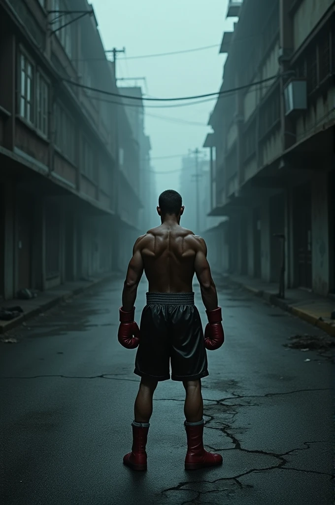 Boxer in a boxing ring in the middle of a dark and lonely street