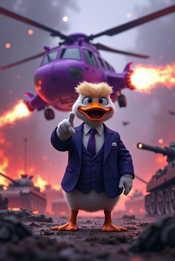 Purple helicopter shooting machine gun at broken tank, battlefield background, dead soldiers on the floor, mafia duck with soft fur skin wearing a suit with hairstyle of donald trump standing on ground pointing finger forward