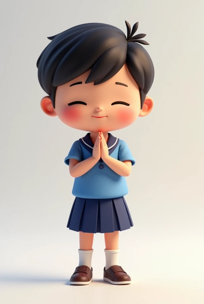 A cartoon child wearing a blue short-sleeved school uniform is bowing, 3D, facing forward.