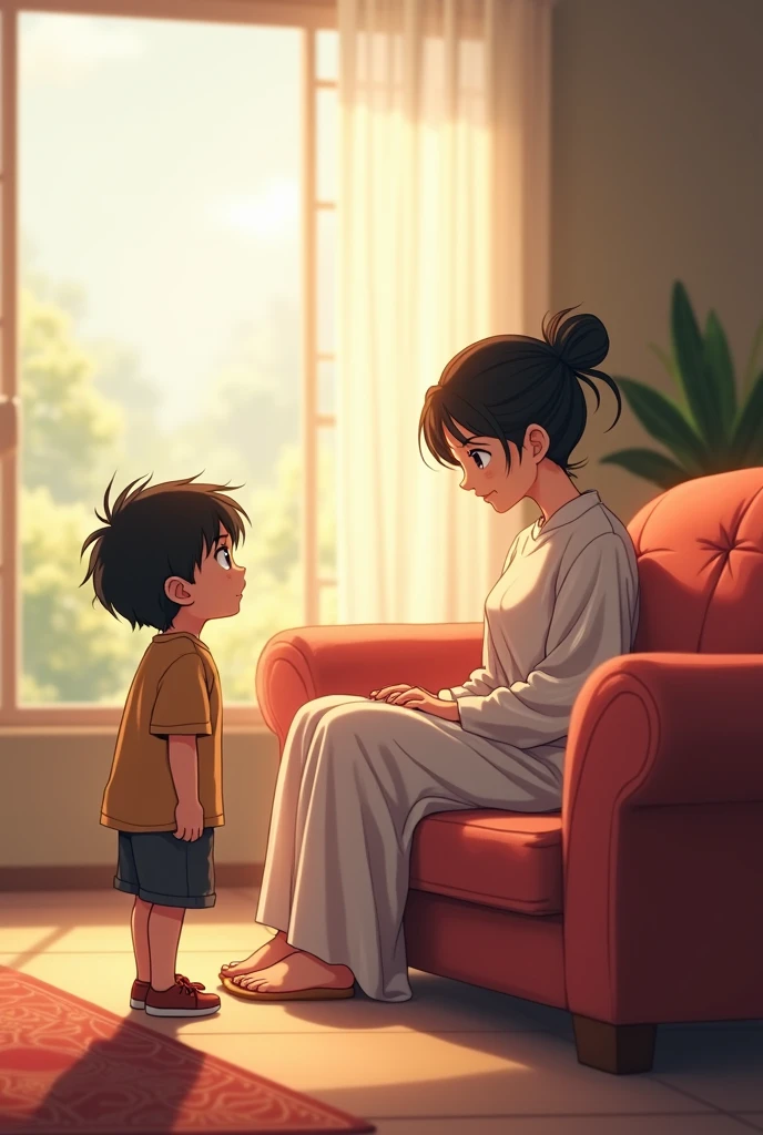 Boy sees his mother sitting on the anime style couch