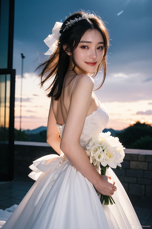 (sweat:0.7),Light yellow wedding dress,white short skirt,woman,japanese,exquisite face, beautiful face,bare shoulders,shoulders slightly exposed,translucent skin,black eyes,black hair,(photorealistic:1.4),realistic details, high resolution,bokeh,outstanding details