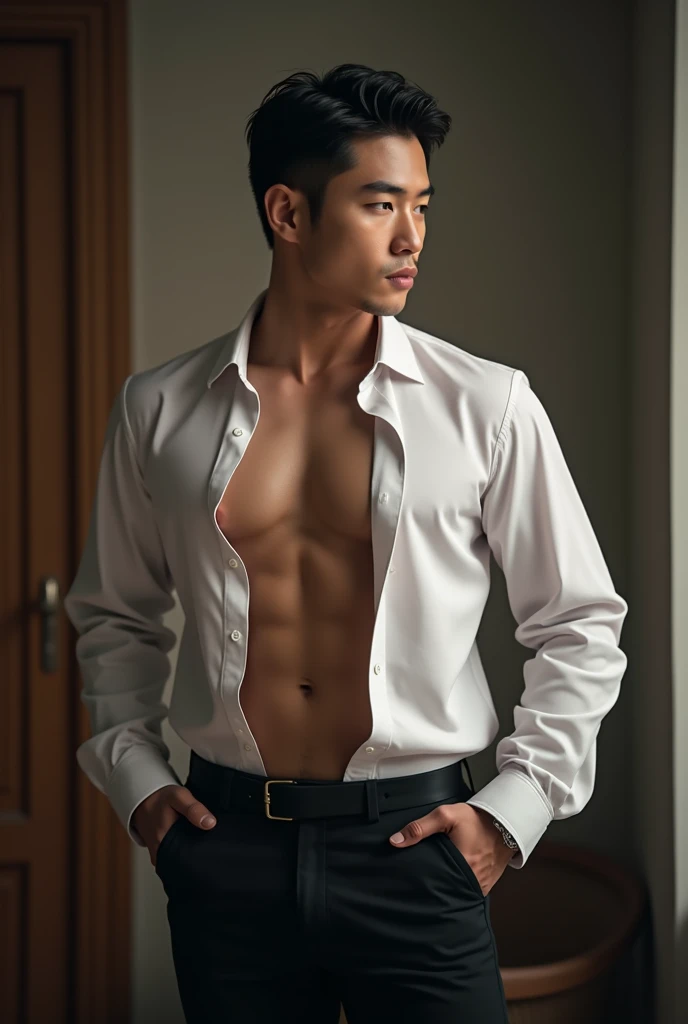 1 handsome Korean gentleman, 27 years old, Lawyer, formal shirt and tie, Lawyer, provocative and erotic pose, armpit sweat, Vietnam scene, Professional attire, Handsome and elegant, Wearing uniform, sexy abstinence, wearing blouse, Masculine and handsome, muscular, Nice looking muscles, hairy body, fair skin, Black eyes (1:3 thin eyes), Full body shot, erotic face, firm chest, provocative, unbuttoned shirt, sexy