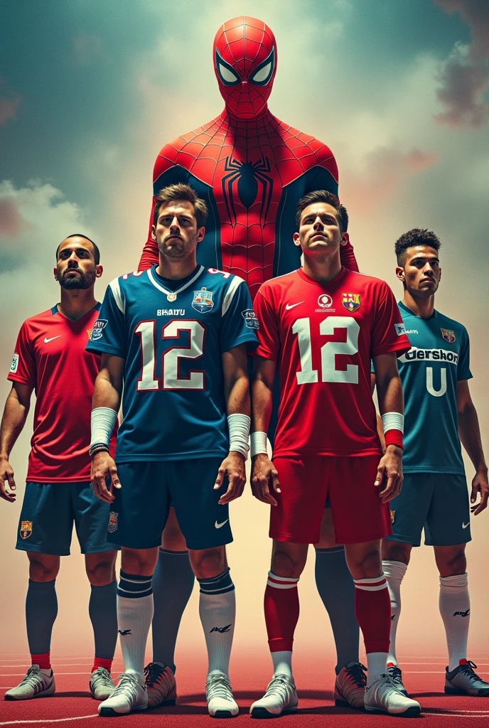  Put Tom Brady and Patrick Mahomes at center, since they are American football stars, and around Piqué and Özil, along with Spiderman and Noah Lyles