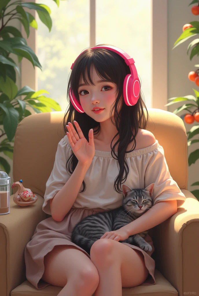In a cozy corner, sunlight beams,
A grey striped kitten, lost in dreams.
Her iced coffee, cool and sweet,
By her side, a little treat.
With oversized headphones, pink and bright,
She taps her paws, feeling light.
Melodies swirl, whiskers twitch,
In her world, there's not a glitch.
Content and happy, purrs soft and slow,
A moment of bliss, in a gentle flow.
A tiny cat, in her own beat,
Life's simple joys, oh so sweet.