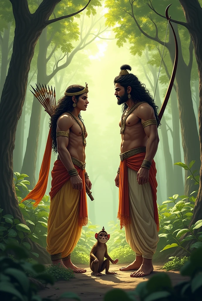 "Depict a forest scene where Lord Rama and his brother Lakshmana are meeting Sugriva, the monkey king. Rama and Lakshmana are in traditional attire, with Rama holding a bow. Sugriva, looking relieved and hopeful, is shown as a monkey with a crown. The background includes dense trees and a tranquil forest setting. Sugriva's expression should convey gratitude, while Rama and Lakshmana appear determined and supportive. Include elements like the forest, a small clearing, and the contrasting expressions of friendship and resolve."