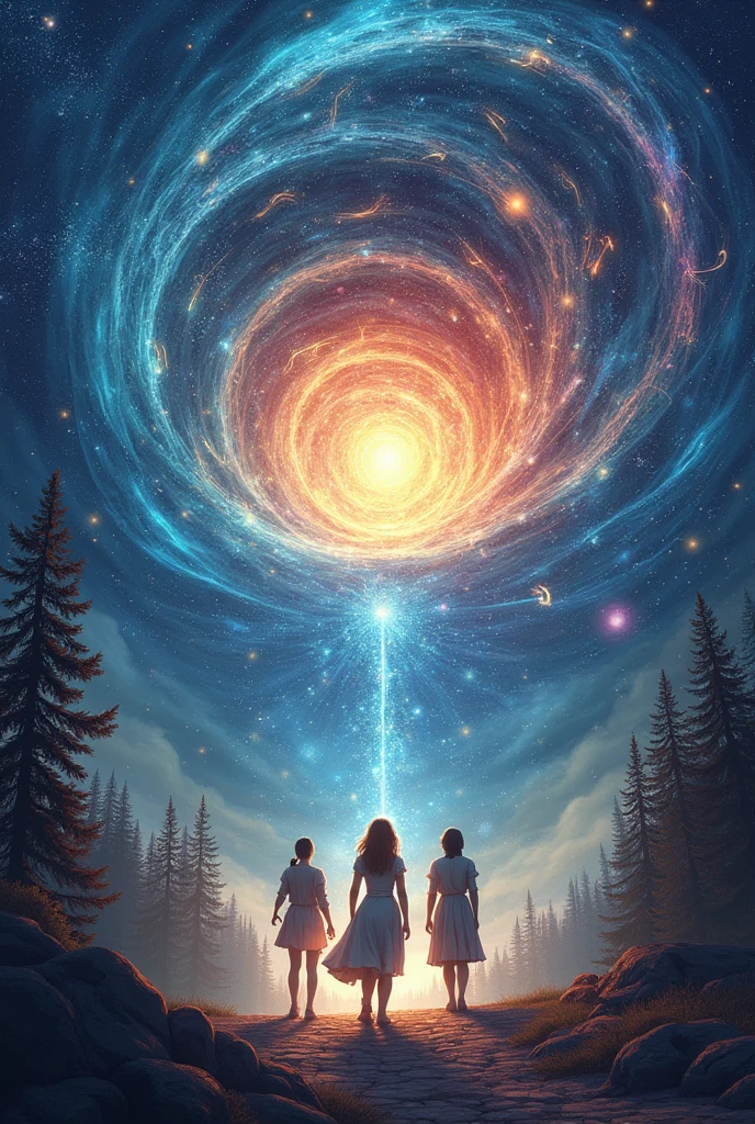 (pThe Melody of the Cosmos
Concept: The cover showcases a grand, swirling vortex of musical notes and cosmic energy, with the universe itself appearing to be shaped by the music. At the center of this vortex is Kara holding musical instrument, Ren with a protective stance, her uncle Aric with a mysterious aura .The background is a blend of deep space and vibrant music notes, creating a sense of infinite possibilities. Add trees and forest shadows also
Mood: Majestic, epic, and full of cosmic mystery,Dramatic, intense
Make an ebook covered based on this, make characters more visible faces in front