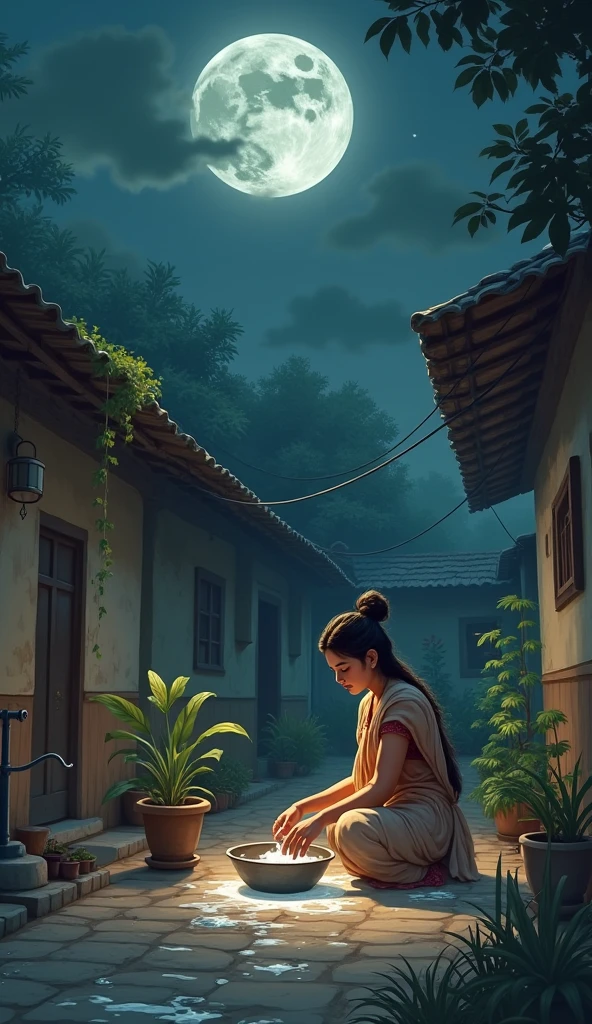 Vishaka in the Courtyard:** A young woman named Vishaka is in a simple rural courtyard. She is washing utensils, her hands submerged in soapy water. The courtyard is modest, with a few potted plants, a hand pump, and a rustic charm. Moonlight gently highlights her figure, giving the scene a tranquil and serene atmosphere.