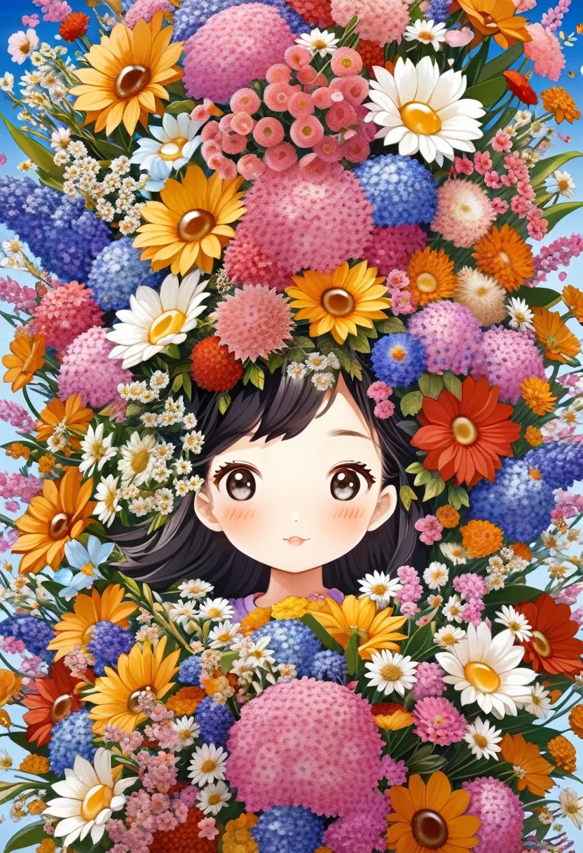 Close-up of a bouquet of flowers, Made of flowers少女, Girl in Flowers, Made of flowers, covered With flowers, With flowers, Carrying flowers, Full of flowers, Covered with flowers, Holding flowers, Lee Song, By Chiho Aoshima, By Niduan, Cute artwork, Jan Born, Send flowers to the heir&#39;cheek