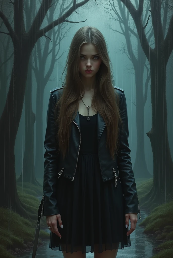 (photorealism:1.2), airbrushed dream paiting style, beautiful European girl, , like a dream, dark eyes, very long straight ironed light brown hair combed back, leather jacket, black dress, silver goth knife, rain, haunted forest, night, grave