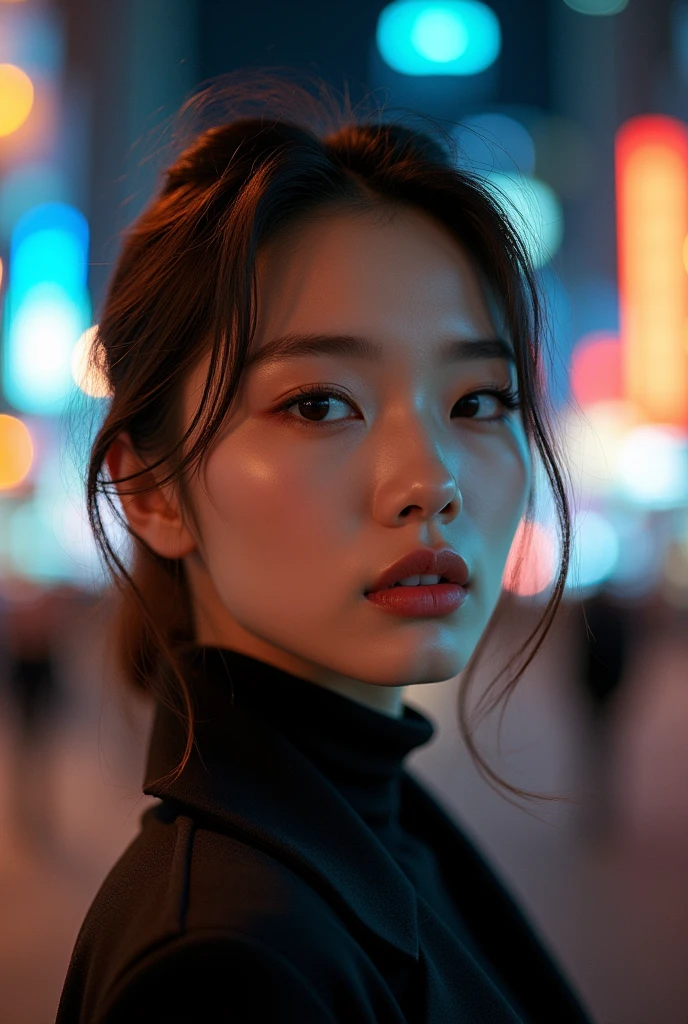 (Cinematic Aesthetic:1.4) Photo of a beautiful korean fashion model bokeh city night