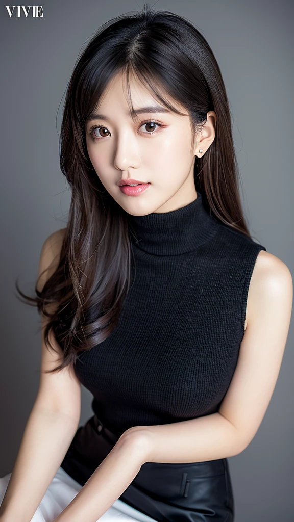 vivid,clock,Normal chest,(between legs),cute,(Detailed face),Sharp Eyes,A white sparkly sleeveless turtleneck skirt,Ultra-high resolution,(Photorealistic:1.7),Gray background,Black long hair,