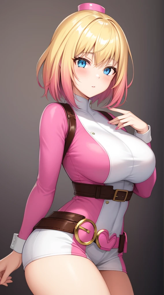 gwenpool, 1girl, blonde hair, multicolored hair, solo, blue eyes, short hair, gradient hair, belt, two-tone hair, pink hair, large breasts.