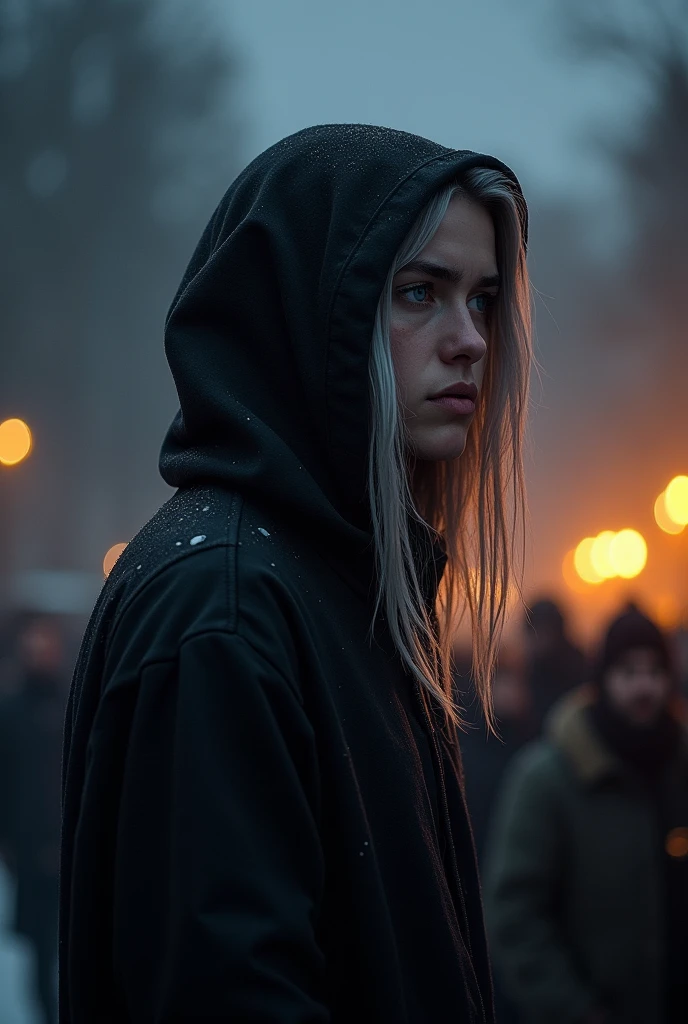 looking at the audience, outdoors, standing sideways, long hair, wearing a black hoodie
Light shining from the right, fair skin, Grey hair,Cold nights