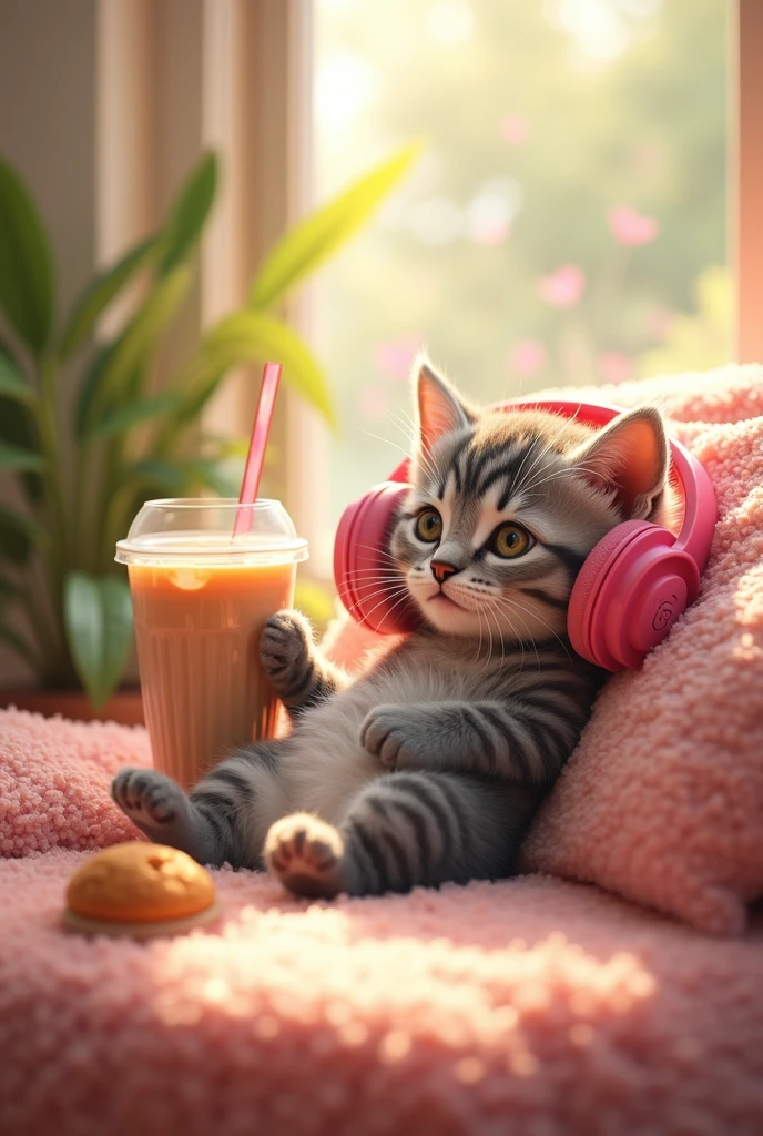 In a cozy corner, sunlight beams,
A grey striped kitten, lost in dreams.
Her iced coffee, cool and sweet,
By her side, a little treat.
With oversized headphones, pink and bright,
She taps her paws, feeling light.
Melodies swirl, whiskers twitch,
In her world, there's not a glitch.
Content and happy, purrs soft and slow,
A moment of bliss, in a gentle flow.
A tiny cat, in her own beat,
Life's simple joys, oh so sweet.