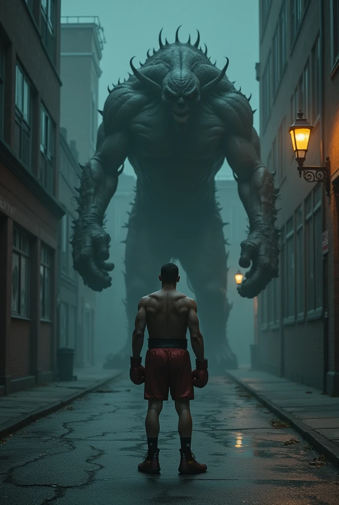 Boxer in a boxing ring in the middle of a dark and lonely street with a monster