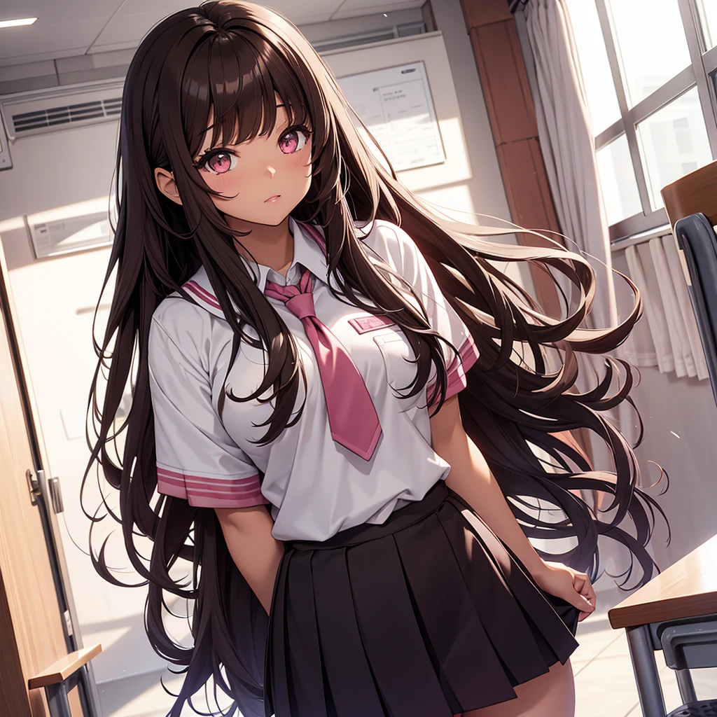 Thick Brown skin girl, round pink eyes, long hair, long, one side long bangs, school uniform