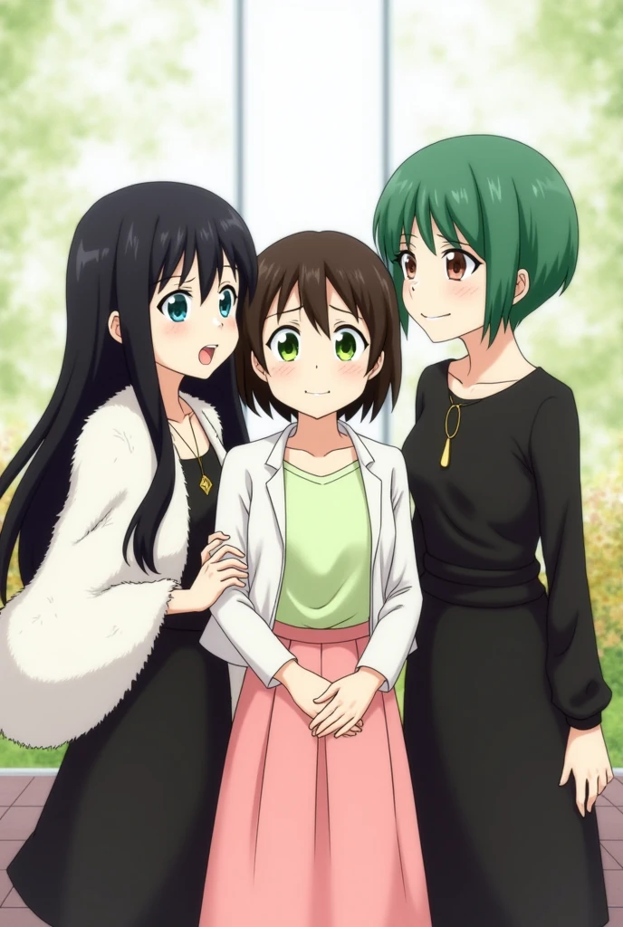 "Inko Midoriya from My Hero Academia in the center, with Fubuki from One Punch Man on the left and Tatsumaki from One Punch Man on the right. Inko has short dark brown hair, greeneyes, wearing a light green blouse, pink skirt and white jacket. Fubuki has long black hair, greeneyes esmeralda, black dress with a white fur cape and a necklace. Tatsumaki has short green hair, glare eyes, black long-sleeved dress, With a mischievous grin. All smiling and looking at each other as if they were sisters against a background that reflects unity and camaraderie."