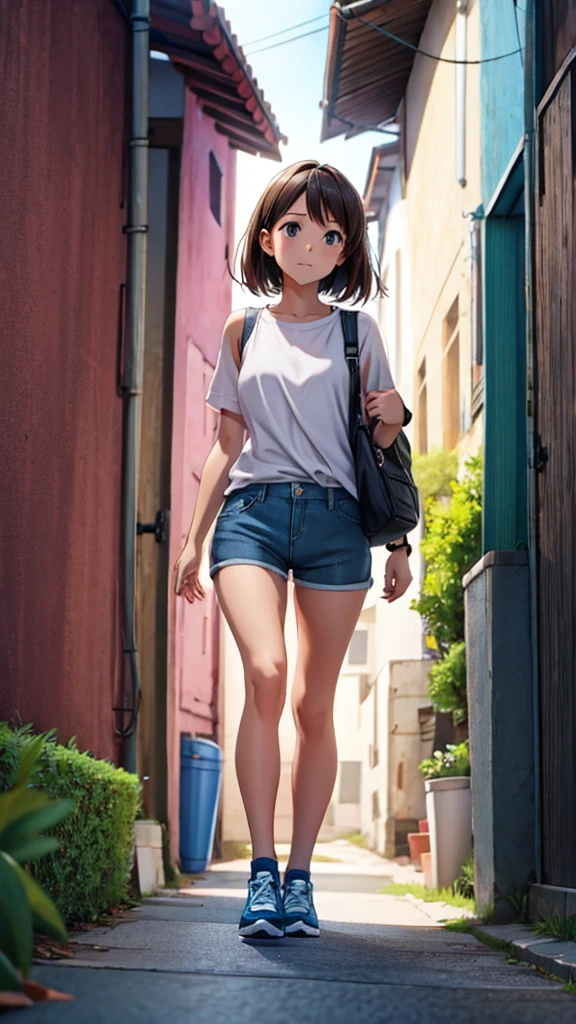 Girl walking down the alley、naked+Shorts、front view