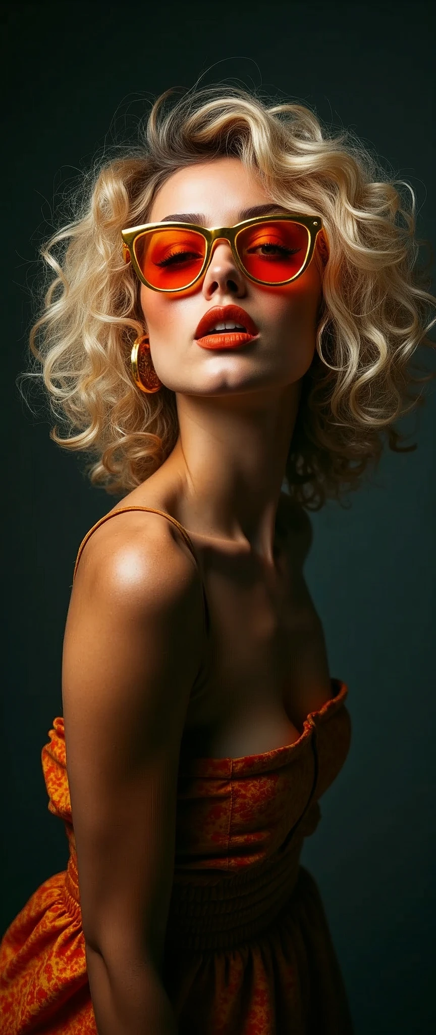 A creative woman with blond curly hair and striking makeup poses confidently against a dark, mysterious background. Bold orange glasses with golden frames grab attention, framing her expressive face. Her playful expression and relaxed pose convey a carefree, artistic vibe, as if ready to take on the world of fashion or editorial design.