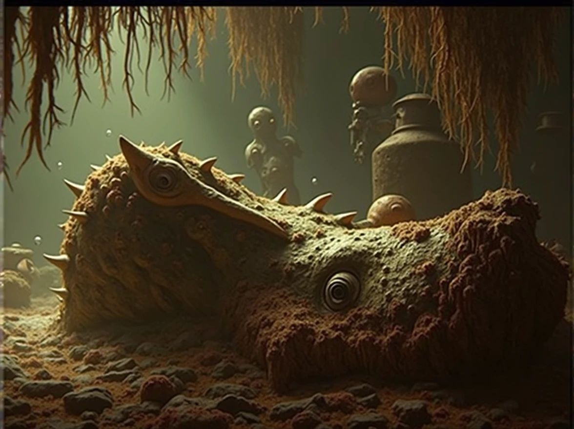 A terrifying deep-sea scene featuring a sunken dragon, animationic robot dragon,. The robotic dragon has a twisted face with rusted metal, crack though it, and is covered in thick layers of algae and barnacles. Its large, partially buried in the ocean floor. Surrounding it are the rusted remains of old, decayed machinery and eerie, tangled seaweed. The murky water is filled with shadows, with faint rays of light barely penetrating the gloom. Small water bubbles rise ominously around the dragon, while subtle water effects add to the eerie, suffocating atmosphere
