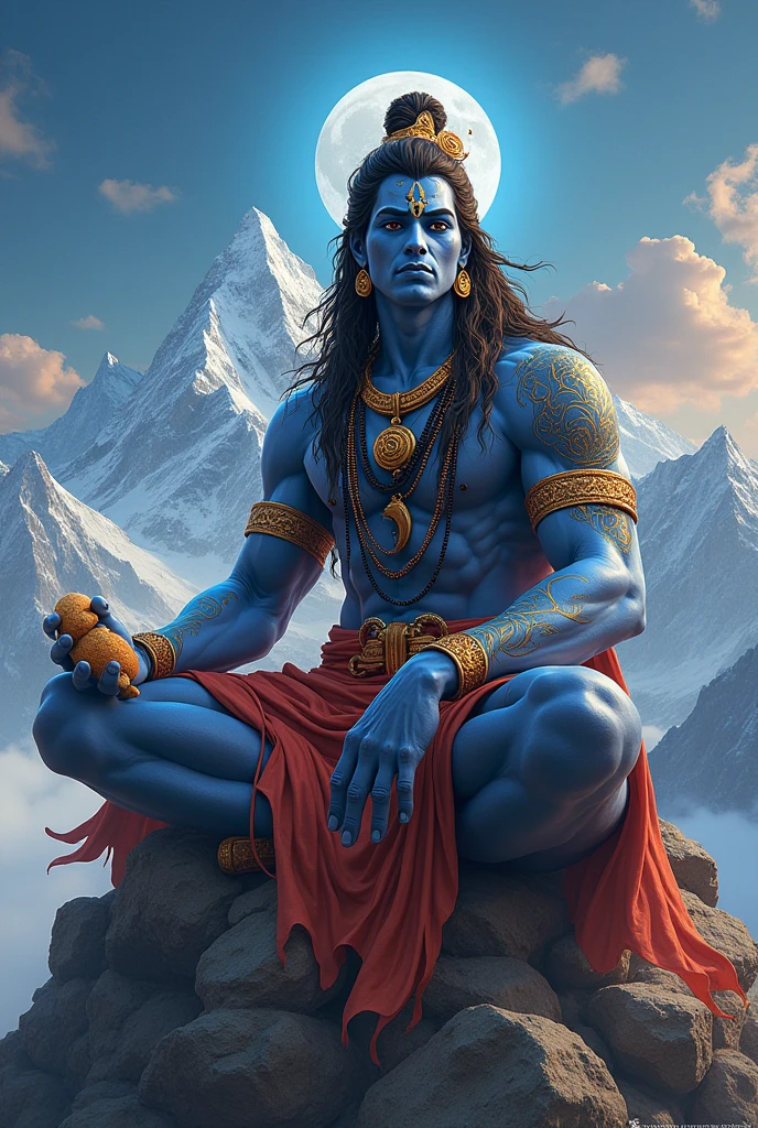 Angry shiv God, sitting on mountain Kailash, rolling snack in sholder, head of moon, outdoor mountain, sit mountain top in, background sky with moonlight, mountain, relaxed pose, realistic, intricate details, multi colour multi colour yous