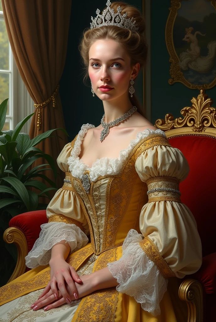 Close-up portrait (head to middle) of a white 40-year-old woman, Queen Mathilde of Belgium (perfect hands: 1,6), (perfect legs: 1,7), elegant headdressing crown, pearls, wearing leather waders, wearing a red and gold royal gown that falls open, very expressive pose, nude heavy breasts, eyecontact, luscious, bokeh, cinematographic rendering, 32K, RAW, tintype borders, on a 19th century beautiful decorated sofa, (working out, pumping iron, lifting small halters: 1,8) in a black room :1.3, ecstasy,light sunny atmosphere,gritty texture,melancholic expression, provocative pose, slightly smiling, A supernatural sensation,, Realistic, illustration, (CG:1.2), Very detailed, Unity ,8K wallpaper, Fine details, Sharp, official art, Incredibly Ridiculous res,high resolution, Beautiful detailed girl, full body, nice breasts, vagina very well illuminated, (nude vagina: 1,9) Excited expression, beautiful face light, movie lighting, delicate lights on the dripping crotch, spreads her legs apart, revealing nude breasts and nipples, 