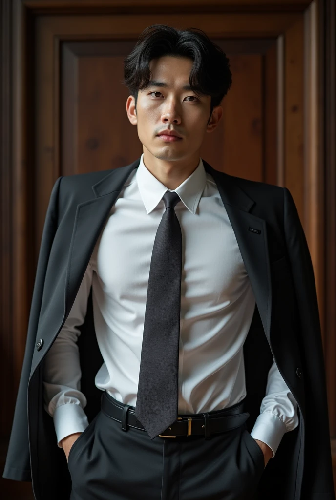 1 handsome Korean gentleman, 27 years old, Lawyer, formal shirt and tie, Lawyer, provocative and erotic pose, armpit sweat, Vietnam scene, Professional attire, Handsome and elegant, Wearing uniform, sexy abstinence, wearing blouse, Masculine and handsome, muscular, Nice looking muscles, hairy body, fair skin, Black eyes (1:3 thin eyes), Full body shot, erotic face, firm chest, provocative, , sexy