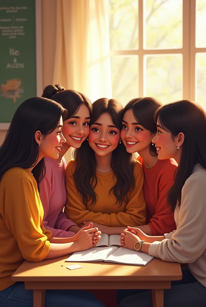 6 female besties their names are ananya, Sifa, himani, aayushi, sabrin, nilanjal are sitting in their class