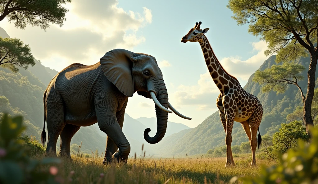 The elephant stomps, so big and strong,
With a trunk that’s super long.
The giraffe stretches up so high,
Eating leaves from the sky!