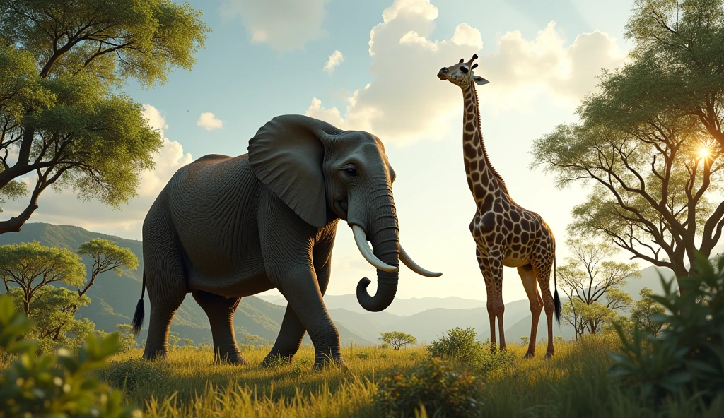 The elephant stomps, so big and strong,
With a trunk that’s super long.
The giraffe stretches up so high,
Eating leaves from the sky!