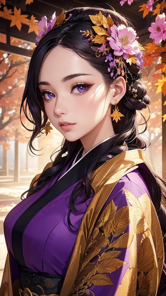 a woman in a purple long-sleeve kimono,beautiful detailed eyes,beautiful detailed lips,extremely detailed eyes and face,longeyelashes,woman in japanese hairstyle,autumn leaves,autumn flowers,autumn plants,art nouveau style,fresh gold background,vibrant colors,detailed foliage,detailed kimono,dramatic lighting,magical realism,digital painting,ultra-detailed,8k,photorealistic,professional,stunning