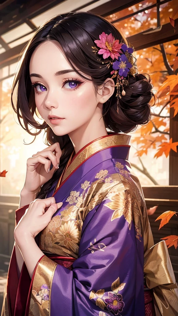 a woman in a purple long-sleeve kimono,beautiful detailed eyes,beautiful detailed lips,extremely detailed eyes and face,longeyelashes,woman in japanese hairstyle,autumn leaves,autumn flowers,autumn plants,art nouveau style,fresh gold background,vibrant colors,detailed foliage,detailed kimono,dramatic lighting,magical realism,digital painting,ultra-detailed,8k,photorealistic,professional,stunning