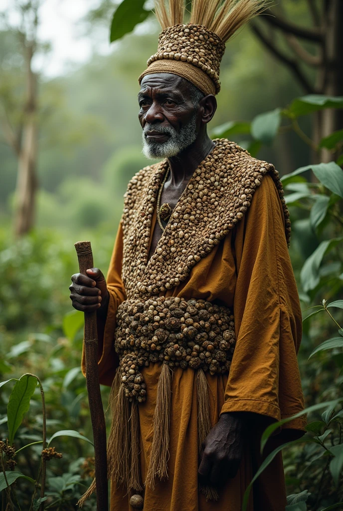 African man covered in straw, omulu, with xixerê in his hands 