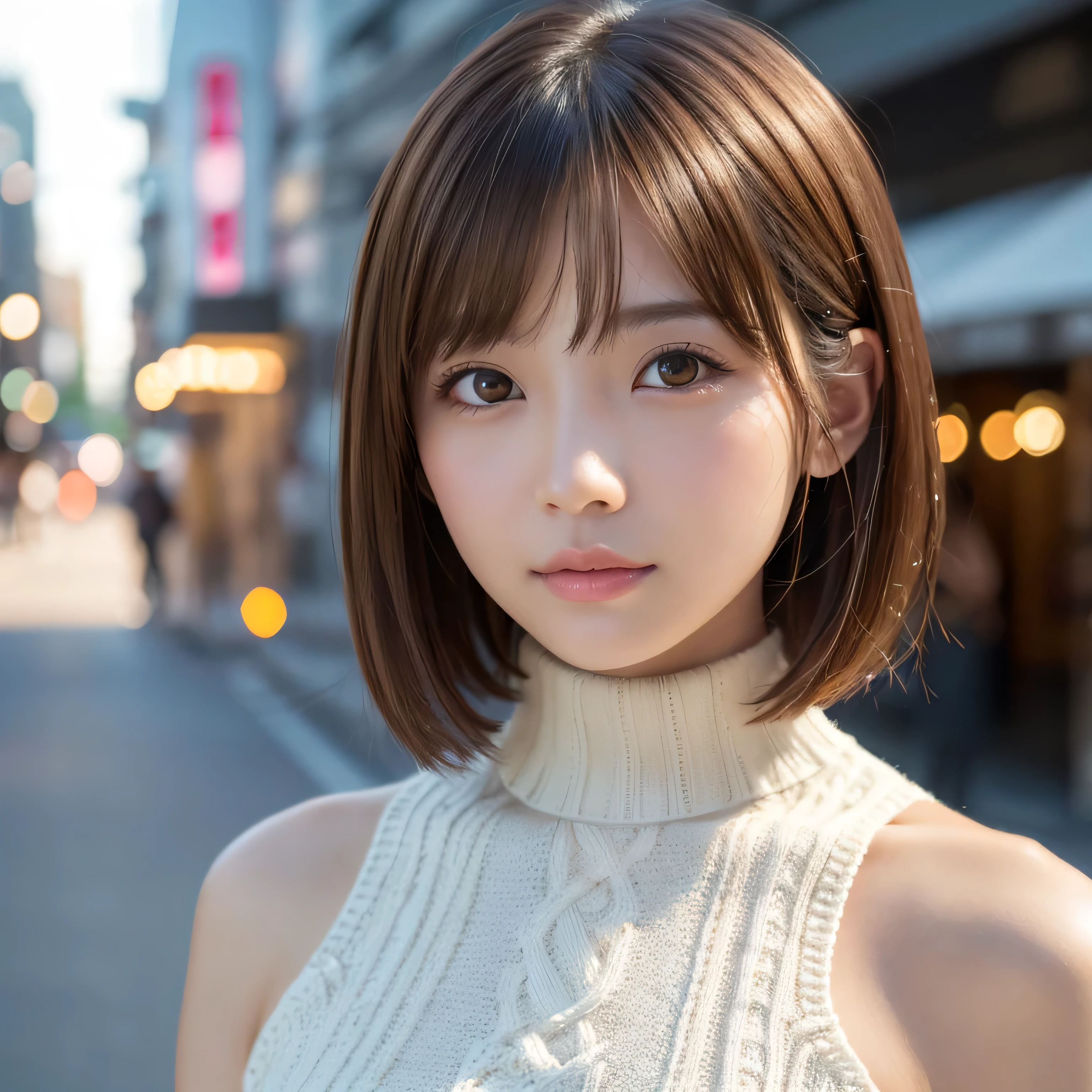 masterpiece, 1 beautiful girl, detailed eye, puffy eyes, top-quality, ultra high resolution, (8K), (reality:1.4), daytime, at street, cinematic lighting, asian beauty, super beauty, beautiful skin, body facing forward, (hyper-realistic), (highly detailed), (beautifully detailed eyes), detailed face, bright lighting, professional lighting, looking at viewer, facing straight ahead, cream knitted dress, light brown hair, bangs, short bob hair, Japanese idol, Korean idol, gravure idol pose, (accurate anatomy:1.1),