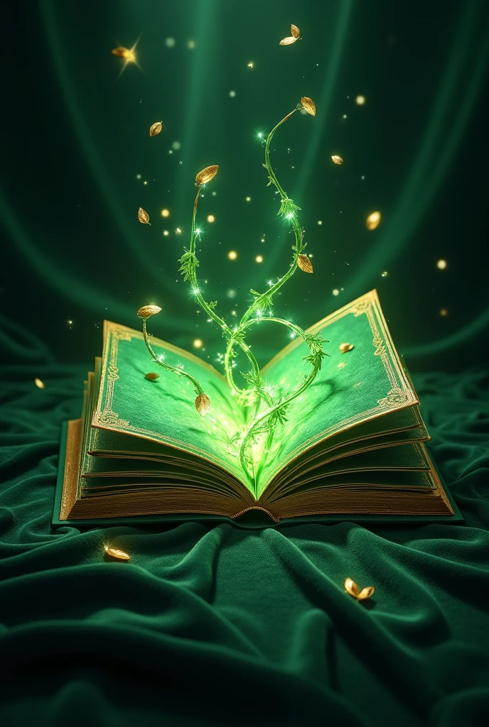 "Design an image of a luxurious emerald green book with a velvet cover, slightly open, revealing pages edged in gold. From the book's pages, glowing emerald green vines with delicate golden leaves are emerging and curling outward. The background should be a dark, rich texture, like velvet or leather, with a soft spotlight highlighting the book and the radiant vines. Subtle emerald green and gold sparkles should surround the book, giving it a magical, enchanted appearance."