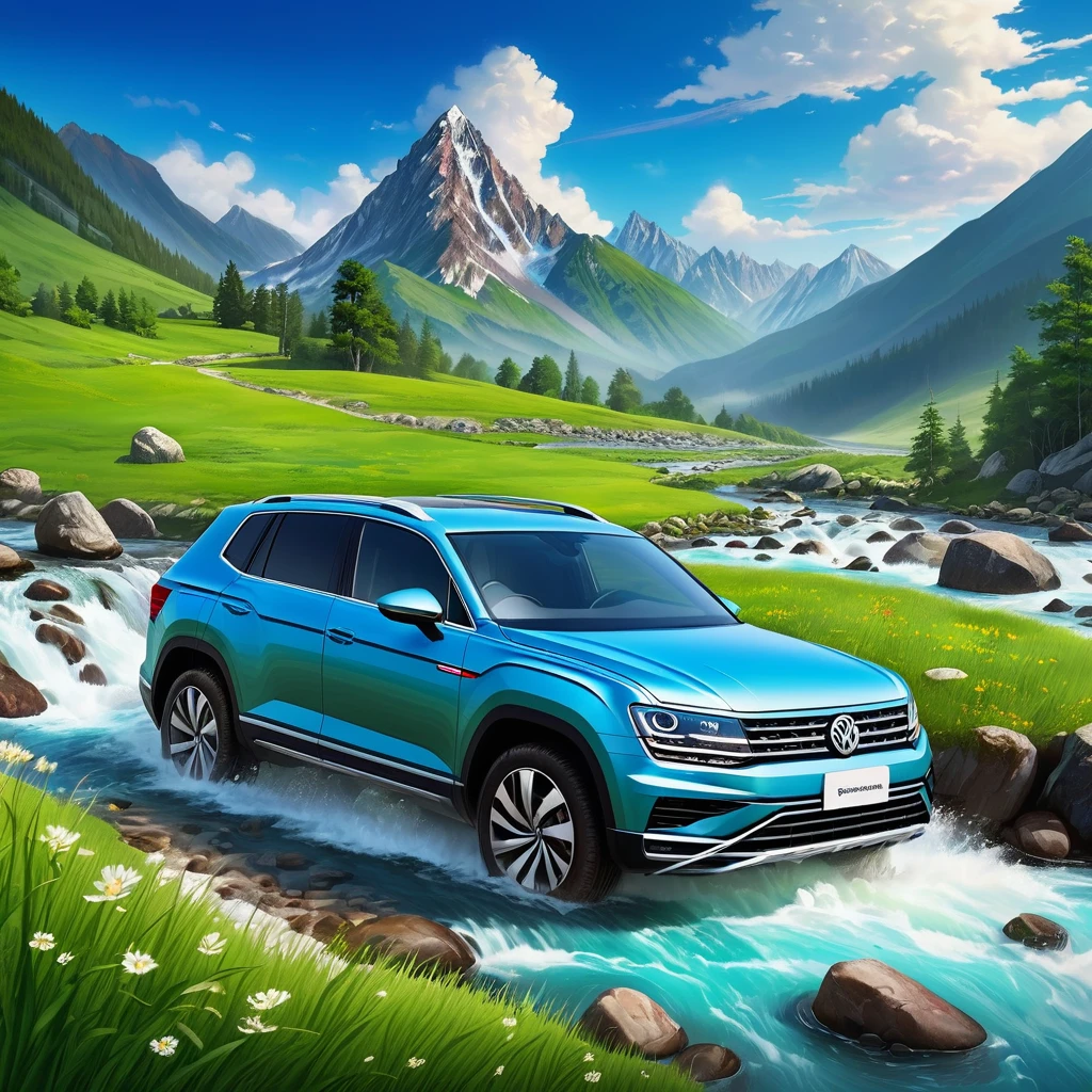 Premium cars，Volkswagen，The car stopped beside a rushing stream，Surrounded by grass and rocks。There is a majestic mountain range in the background in front of the vehicle，The sky is clear，There are a few clouds dotted in it,