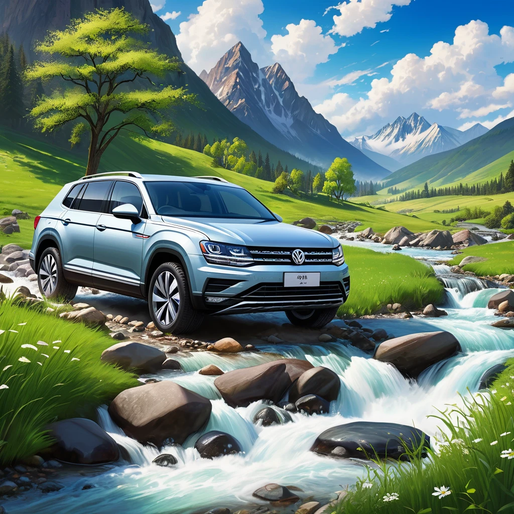 Premium cars，Volkswagen，The car stopped beside a rushing stream，Surrounded by grass and rocks。There is a majestic mountain range in the background in front of the vehicle，The sky is clear，There are a few clouds dotted in it,