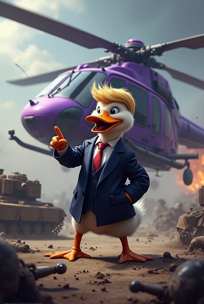 Purple helicopter shooting machine gun at broken tank, battlefield background, dead soldiers on the floor, mafia duck with soft fur skin wearing a suit with hairstyle of donald trump standing on ground pointing finger forward
