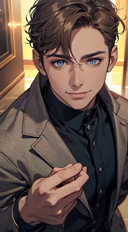 a mature man with short grey Brown hair, blue eyes, 34 years, and a perfect face, smiling in love, CEO, cinematic lighting, 1:4 HDR image, top view, ultra detailed, best quality, masterpiece, 8K, photorealistic, beautiful image