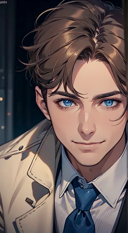 a mature man with short grey Brown hair, blue eyes, 34 years, and a perfect face, smiling in love, CEO, cinematic lighting, 1:4 HDR image, top view, ultra detailed, best quality, masterpiece, 8K, photorealistic, beautiful image