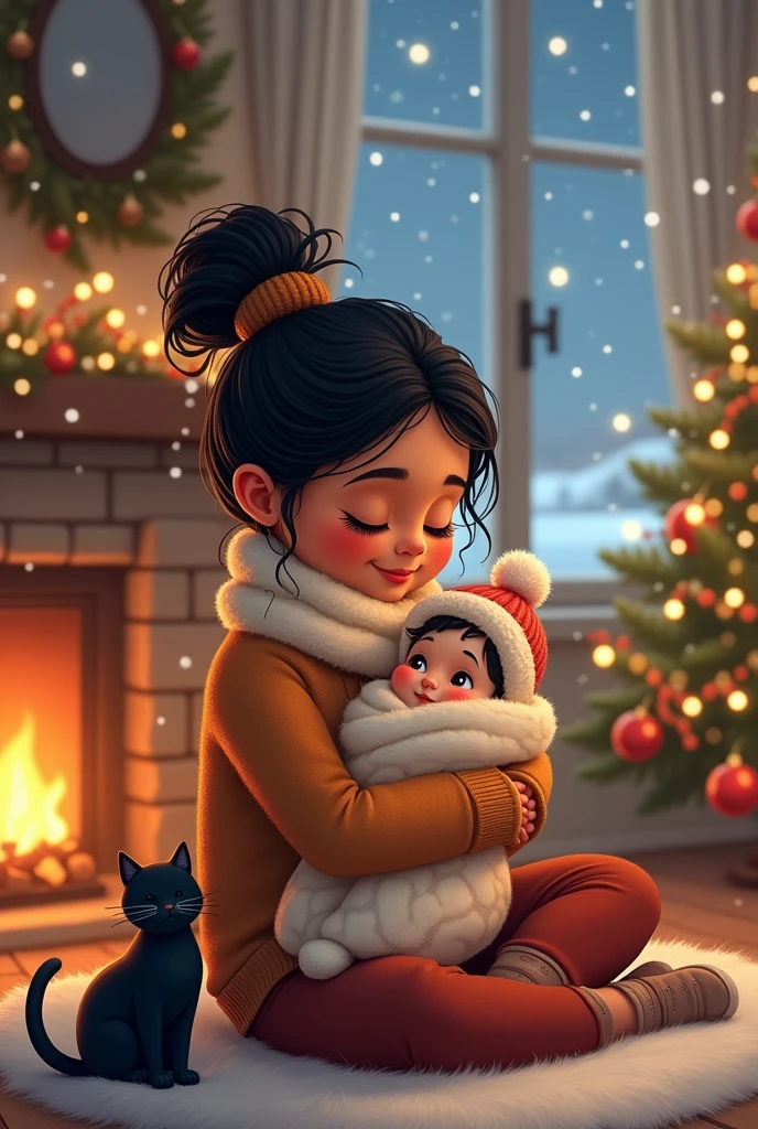 Cartoon of a dusky indian girl holding a baby in a winter eveing in front of fireplace with a black cat, Christmas theme and snowfall ouside the window.