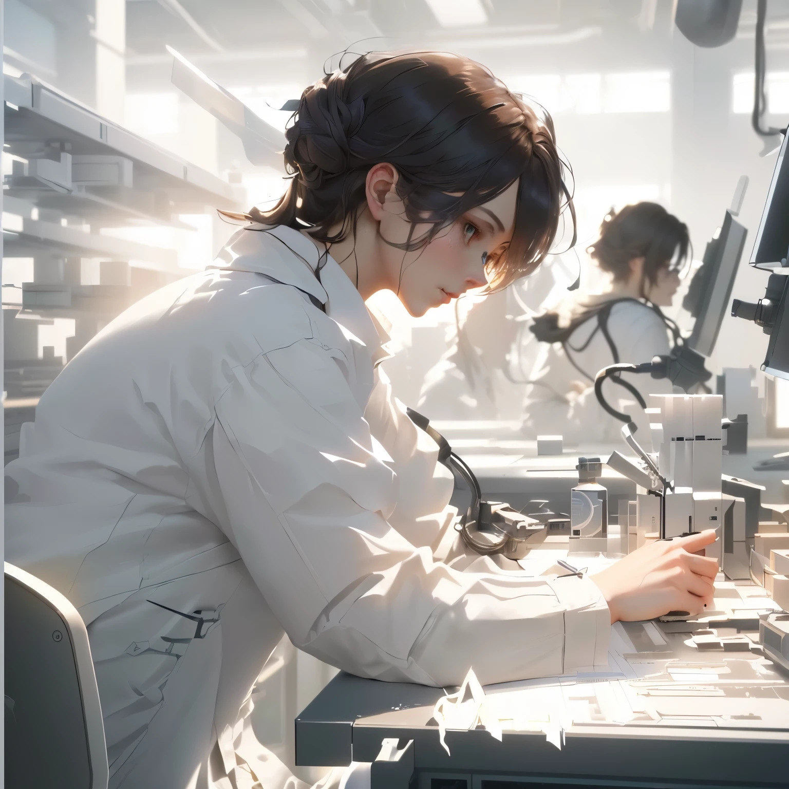 The development team is working in the lab.,masterpiece, best quality, (Extremely detailed CG unity 8k wallpaper), (best quality), (Best Illustration), (Best shadow), absurd, Realistic lighting, (abyss), Beautiful and delicate light, Artworks by Peter Mohr Bacher,