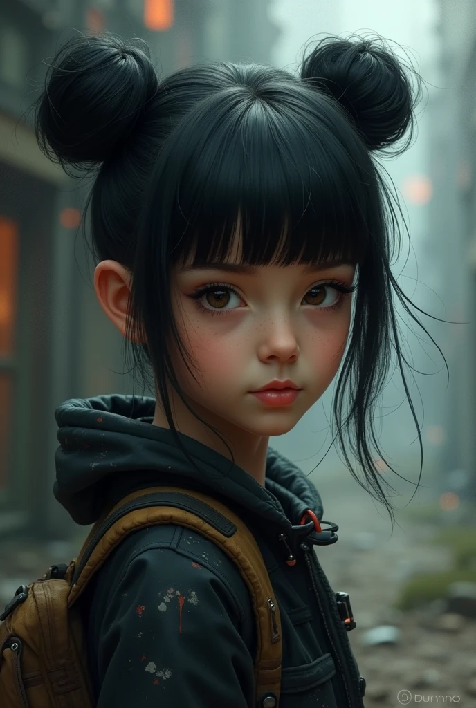 Girl with bangs and 2 buns hairstyle in black hair in arcane art style