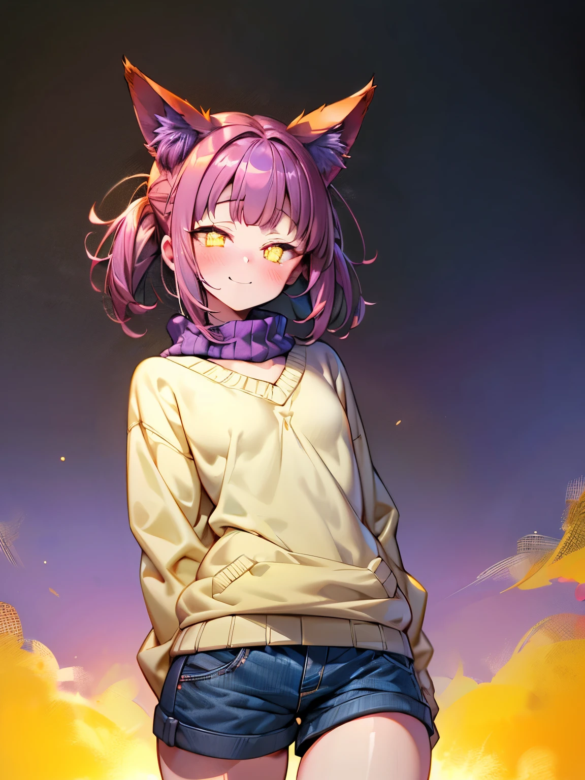 photorealistic, 1girl, saturated violet hair, orange fox ears (1.7), flat chest (1.7), puffed out her cheeks, saturated glowing bright orange eyes, cat-like pupils (2), sandy beach, denim shorts, sweater, narrow waist (2), tired but happy eyes, cutely holds hands behind back,flirts(1.6)