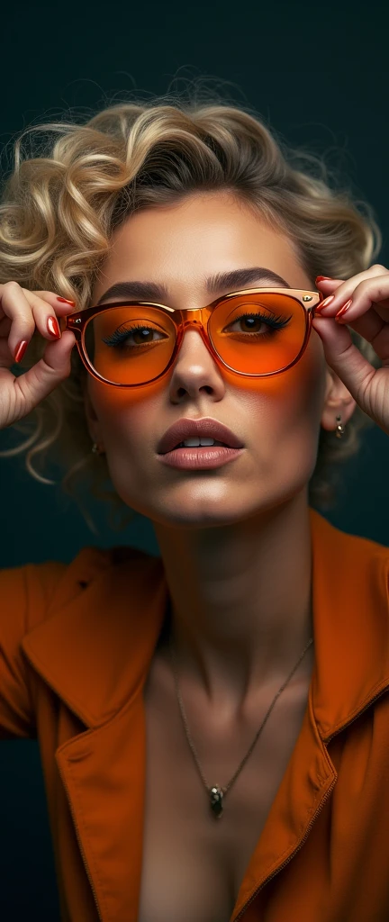A creative woman with blond curly hair and striking makeup poses confidently against a dark, mysterious background. Bold orange glasses with golden frames grab attention, framing her expressive face. Her playful expression and relaxed pose convey a carefree, artistic vibe, as if ready to take on the world of fashion or editorial design.